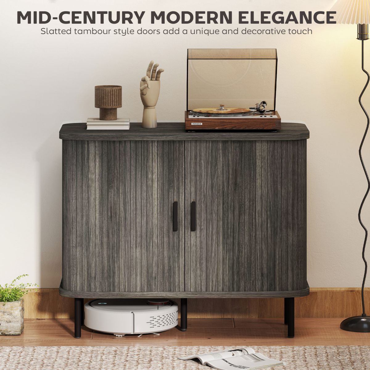 HOMCOM Sideboard Storage Cabinet with Slatted Tambour Sliding Doors Grey