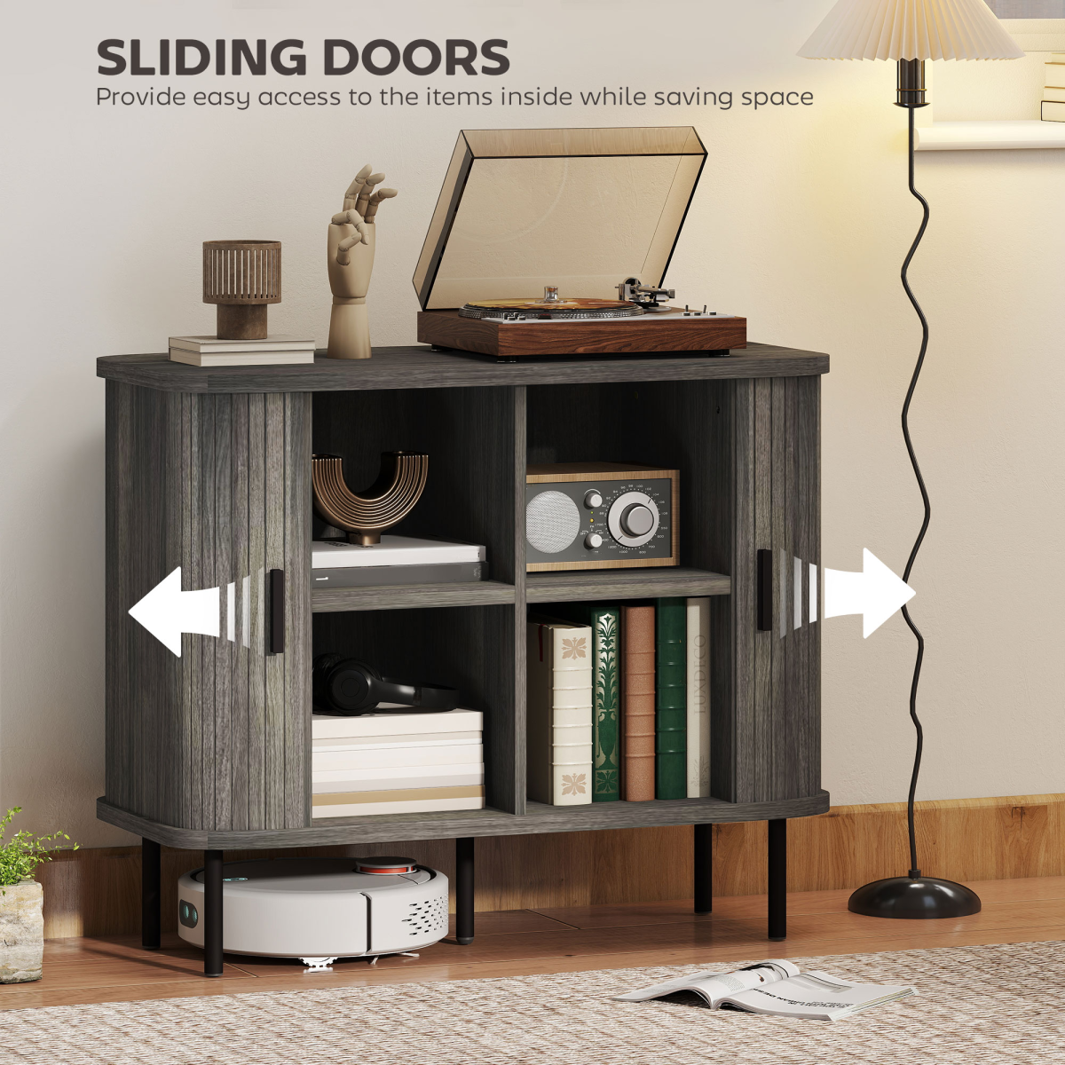 HOMCOM Sideboard Storage Cabinet with Slatted Tambour Sliding Doors Grey