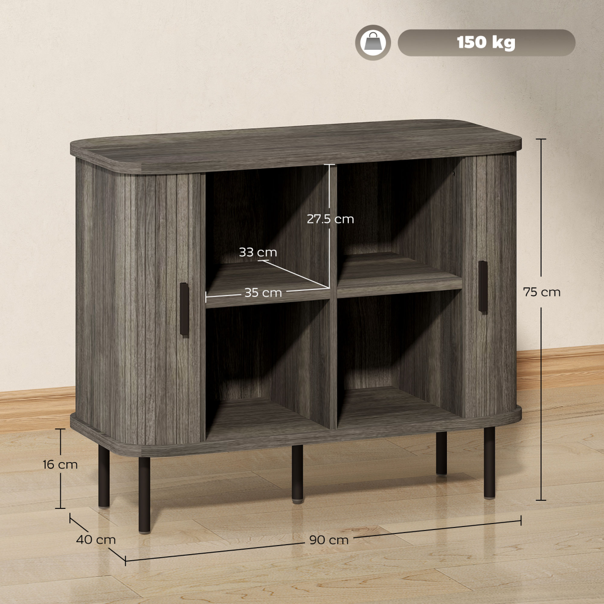 HOMCOM Sideboard Storage Cabinet with Slatted Tambour Sliding Doors Grey