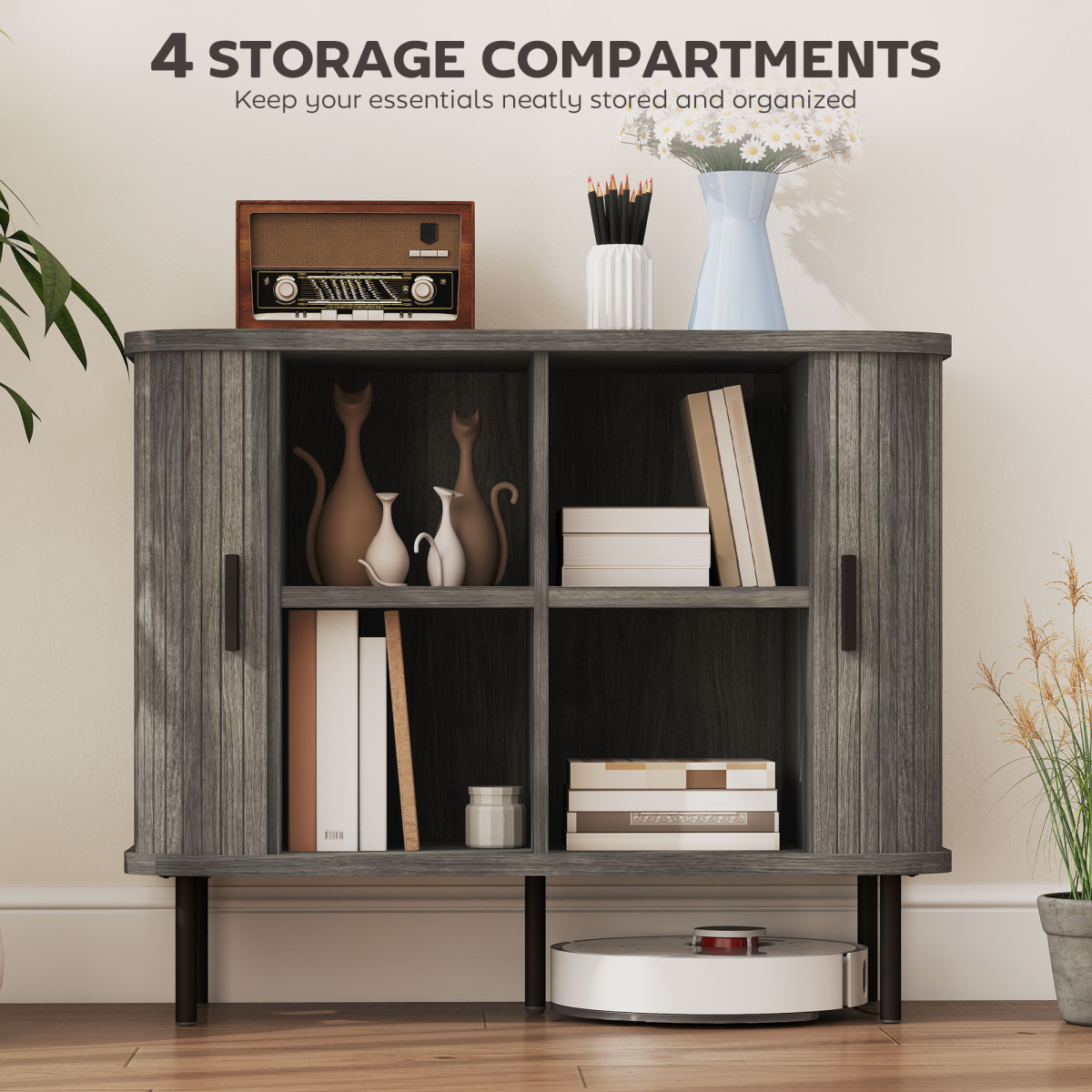 HOMCOM Sideboard Storage Cabinet with Slatted Tambour Sliding Doors Grey