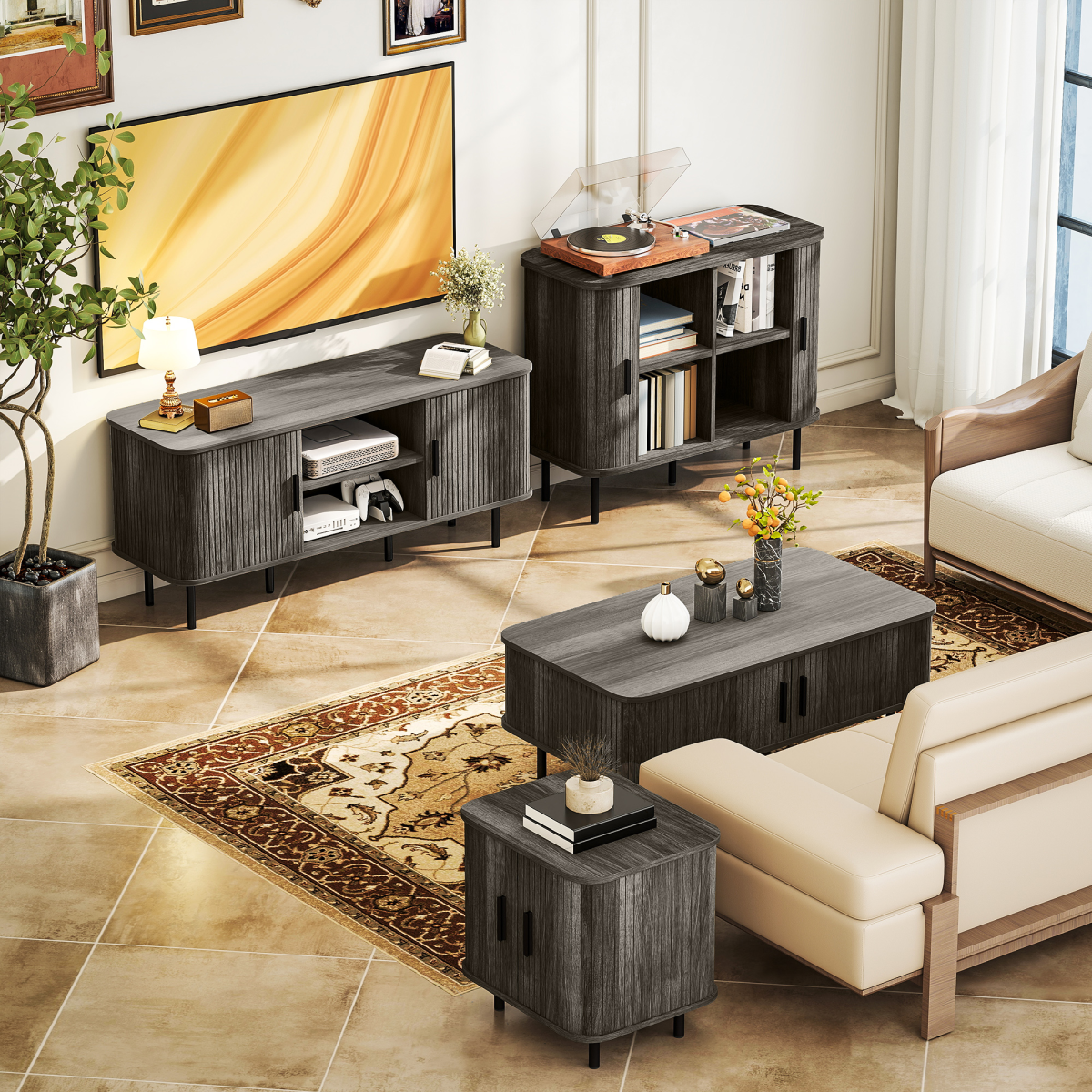 HOMCOM Sideboard Storage Cabinet with Slatted Tambour Sliding Doors Grey