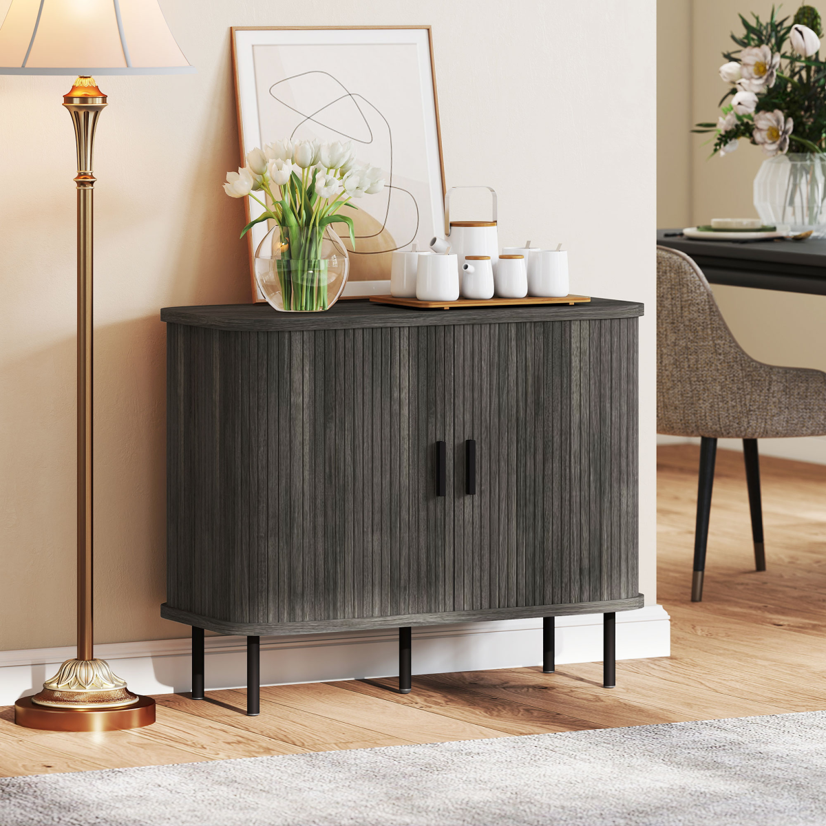 HOMCOM Sideboard Storage Cabinet with Slatted Tambour Sliding Doors Grey