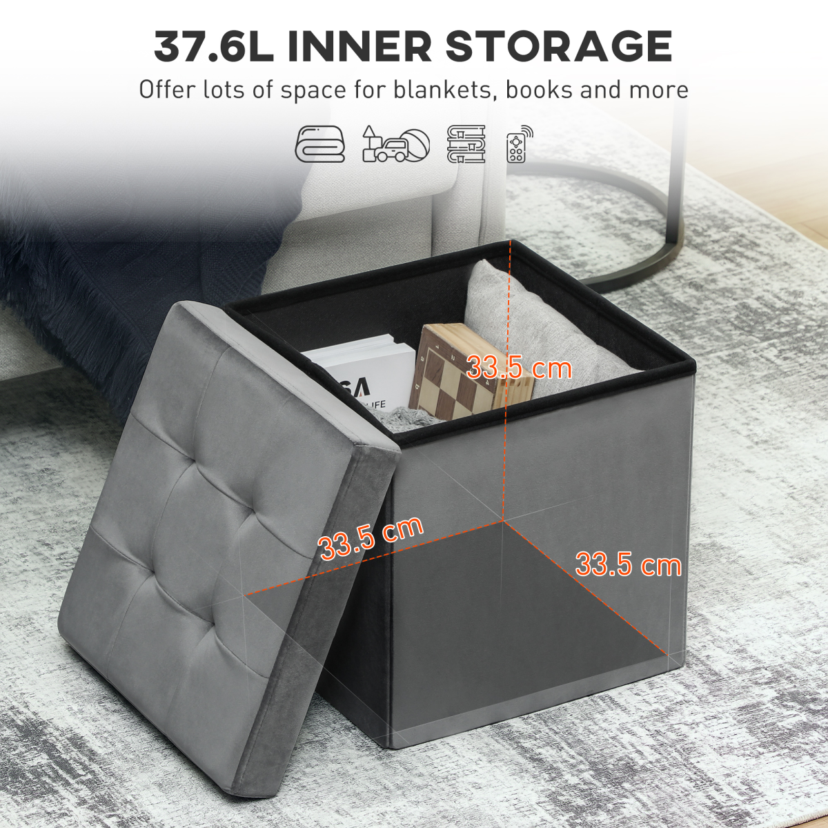 HOMCOM Foldable Velvet-Feel Storage Ottoman, 38 x 38 x 38 cm, Grey