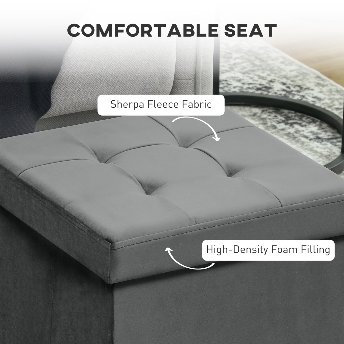 HOMCOM Foldable Velvet-Feel Storage Ottoman, 38 x 38 x 38 cm, Grey