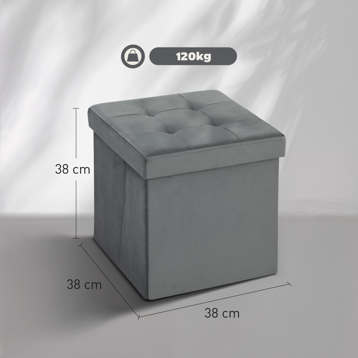 HOMCOM Foldable Velvet-Feel Storage Ottoman, 38 x 38 x 38 cm, Grey