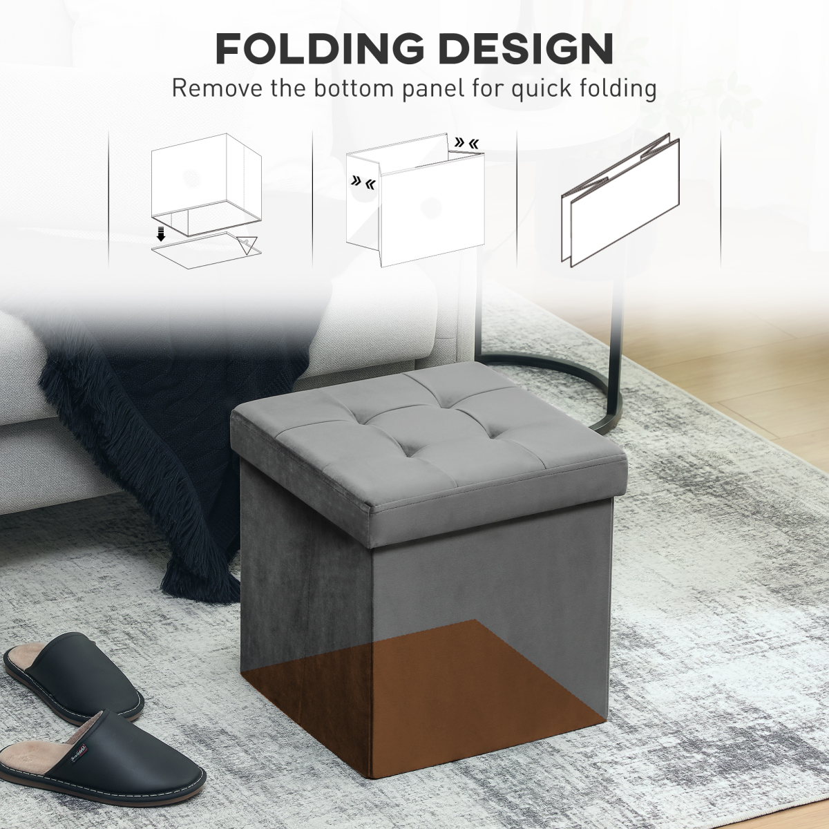 HOMCOM Foldable Velvet-Feel Storage Ottoman, 38 x 38 x 38 cm, Grey
