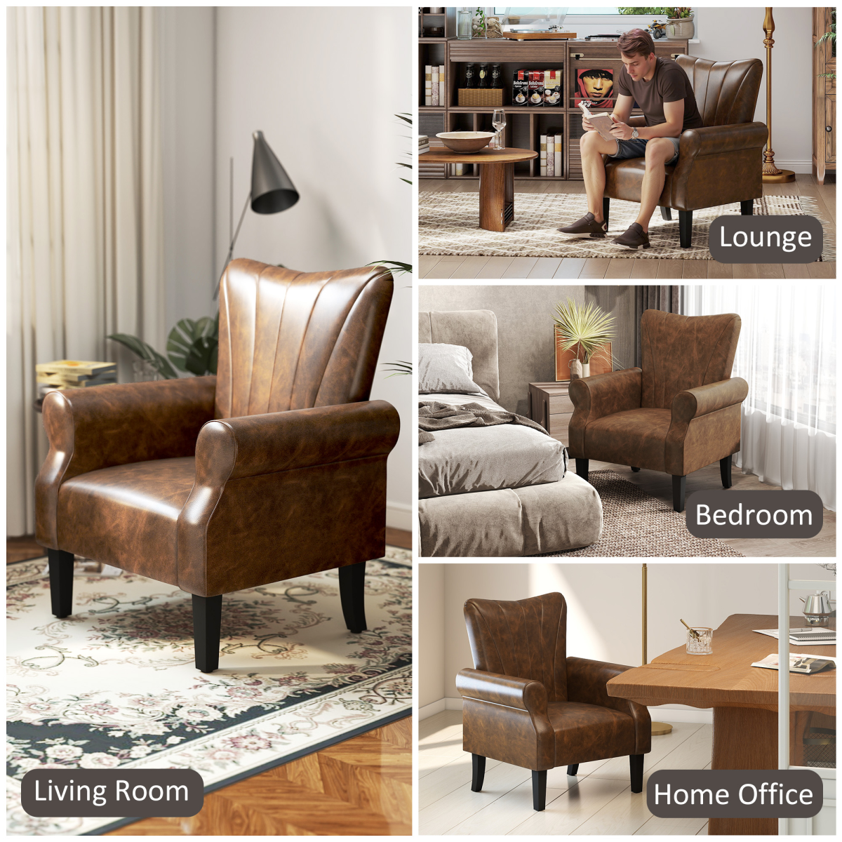 HOMCOM Upholstered Modern Accent Chair,  Armchair with Wood Legs, Brown