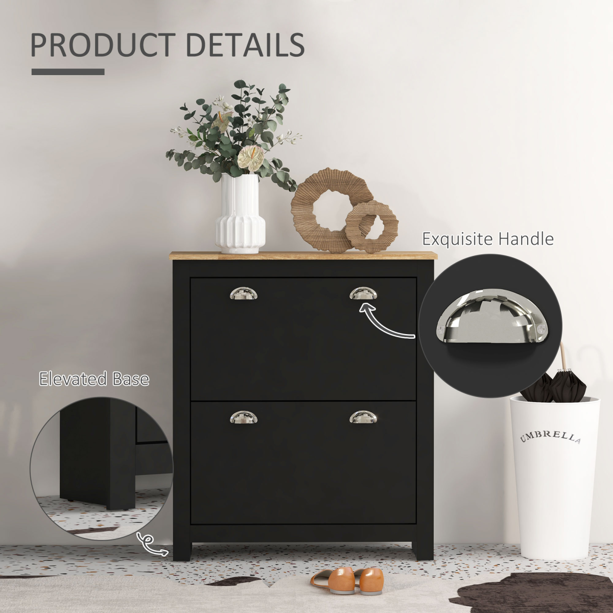 HOMCOM 2 Drawer Shoe Cabinet Narrow Shoe Cupboard with Flip Doors, Black
