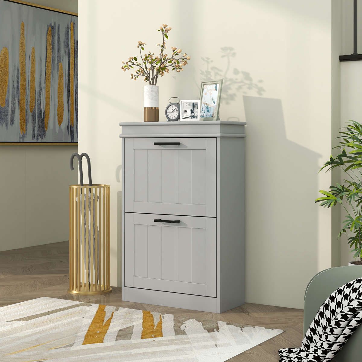 HOMCOM Slim Shoe Storage Cabinet with 2 Flip Drawers for Entryway, Grey