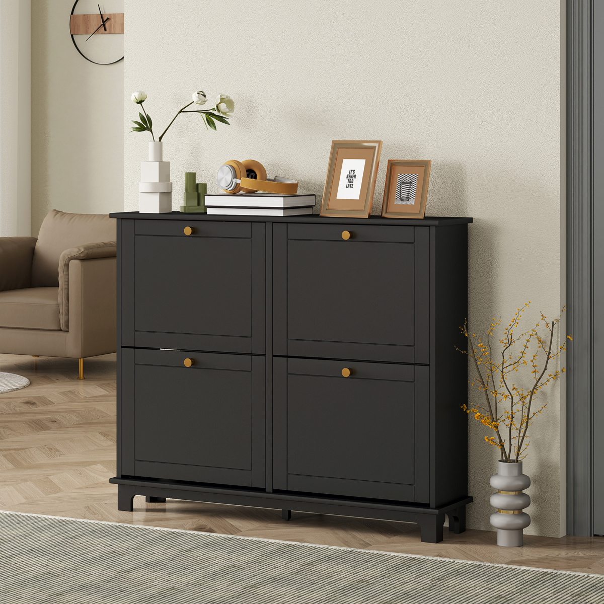 HOMCOM Narrow Shoe Cabinet with 4 Flip Drawers Adjustable Shelves, Black