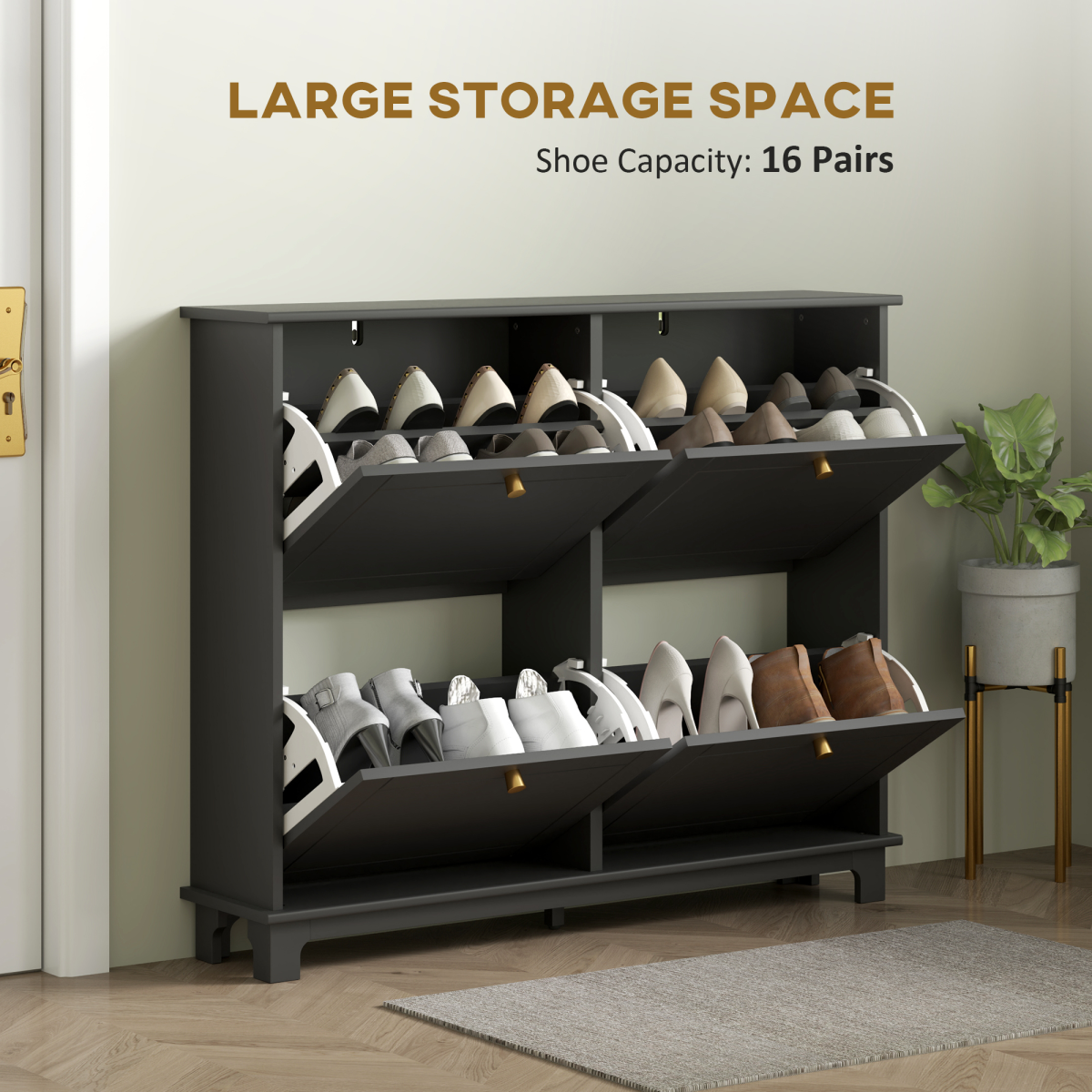 HOMCOM Narrow Shoe Cabinet with 4 Flip Drawers Adjustable Shelves, Black