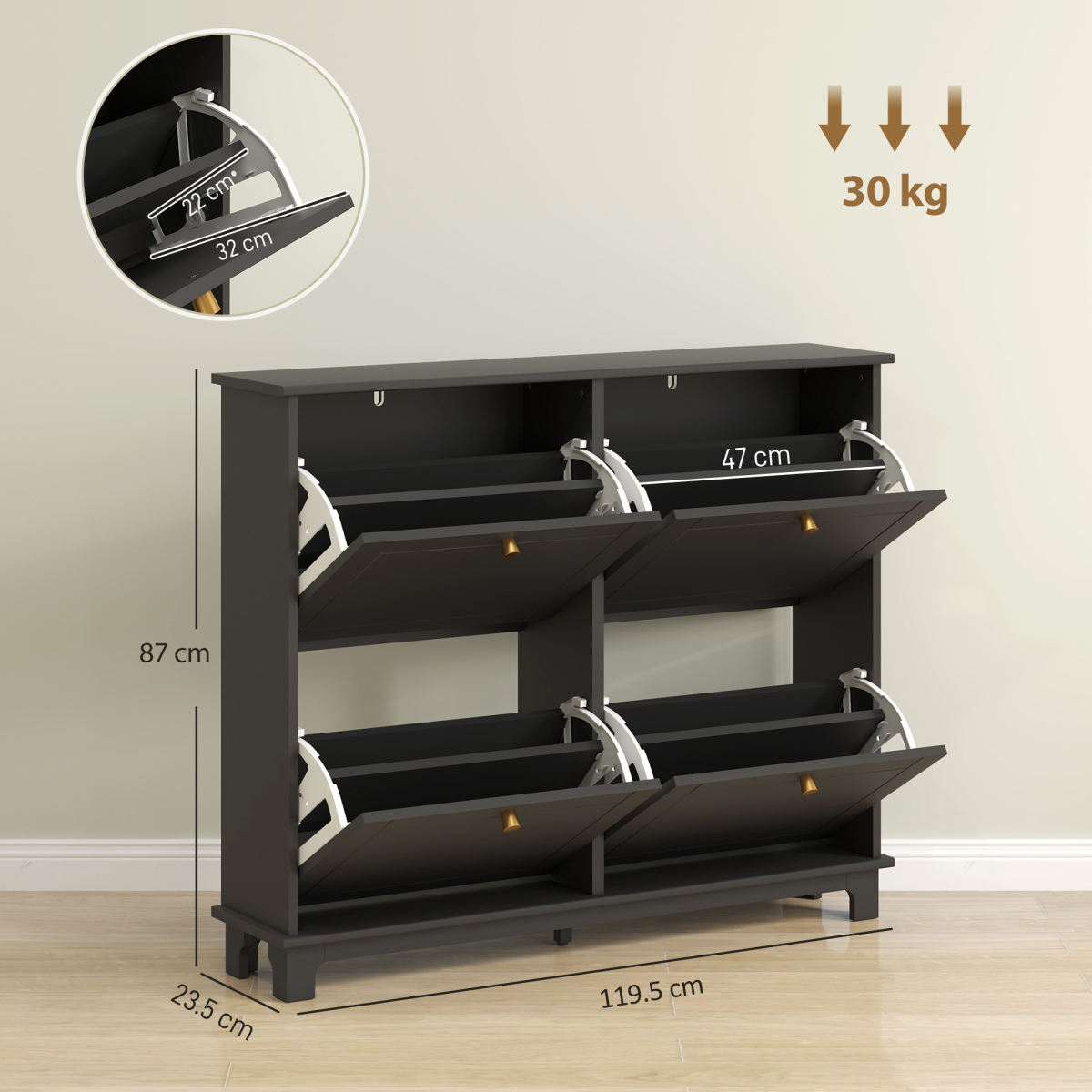 HOMCOM Narrow Shoe Cabinet with 4 Flip Drawers Adjustable Shelves, Black