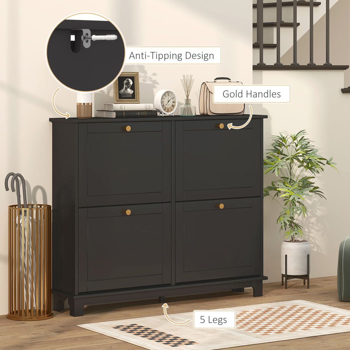 HOMCOM Narrow Shoe Cabinet with 4 Flip Drawers Adjustable Shelves, Black