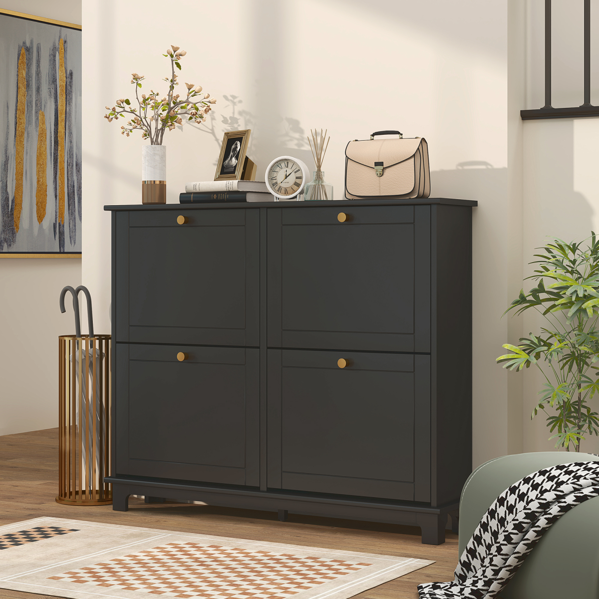 HOMCOM Narrow Shoe Cabinet with 4 Flip Drawers Adjustable Shelves, Black