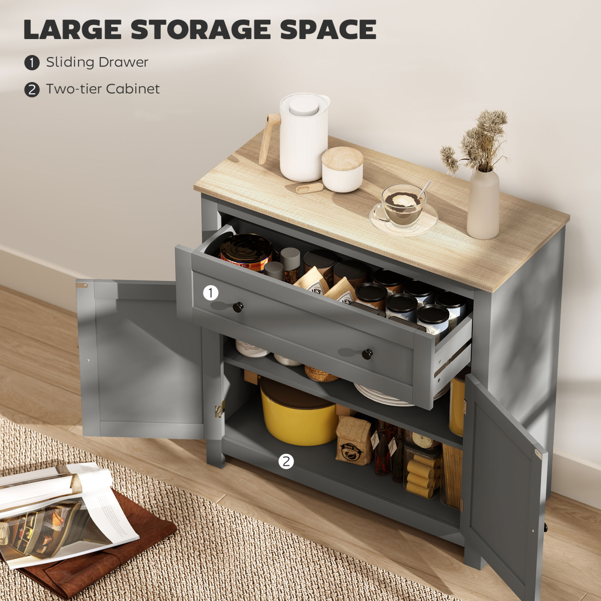 HOMCOM Sideboard Storage Cabinet with Adjustable Shelf, Drawer, Grey