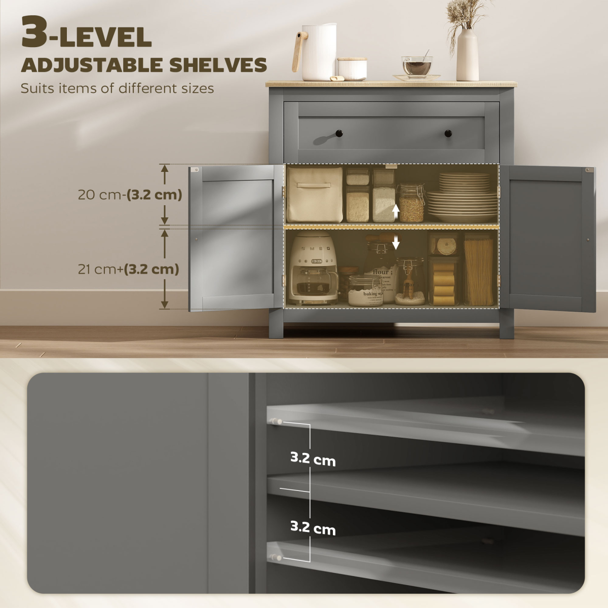 HOMCOM Sideboard Storage Cabinet with Adjustable Shelf, Drawer, Grey