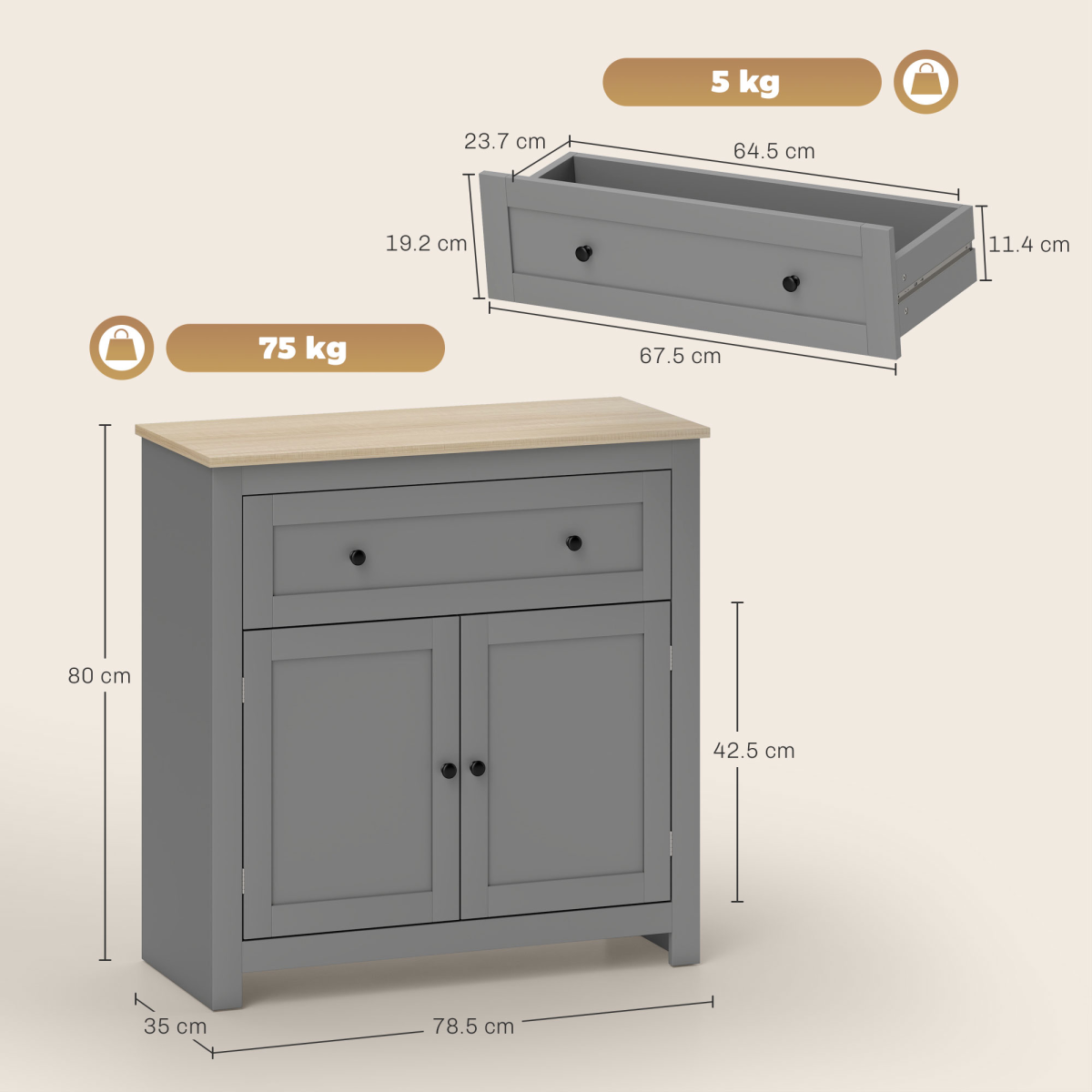 HOMCOM Sideboard Storage Cabinet with Adjustable Shelf, Drawer, Grey