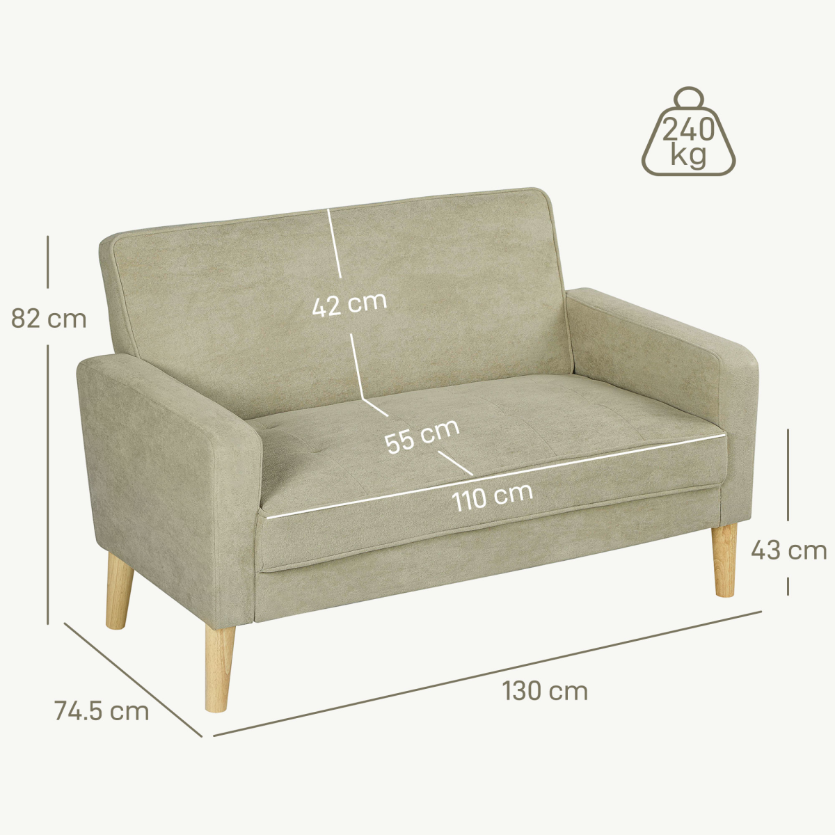 HOMCOM 2 Seater Sofa, Velvet-Feel Upholstered Loveseat for Small Space, Beige