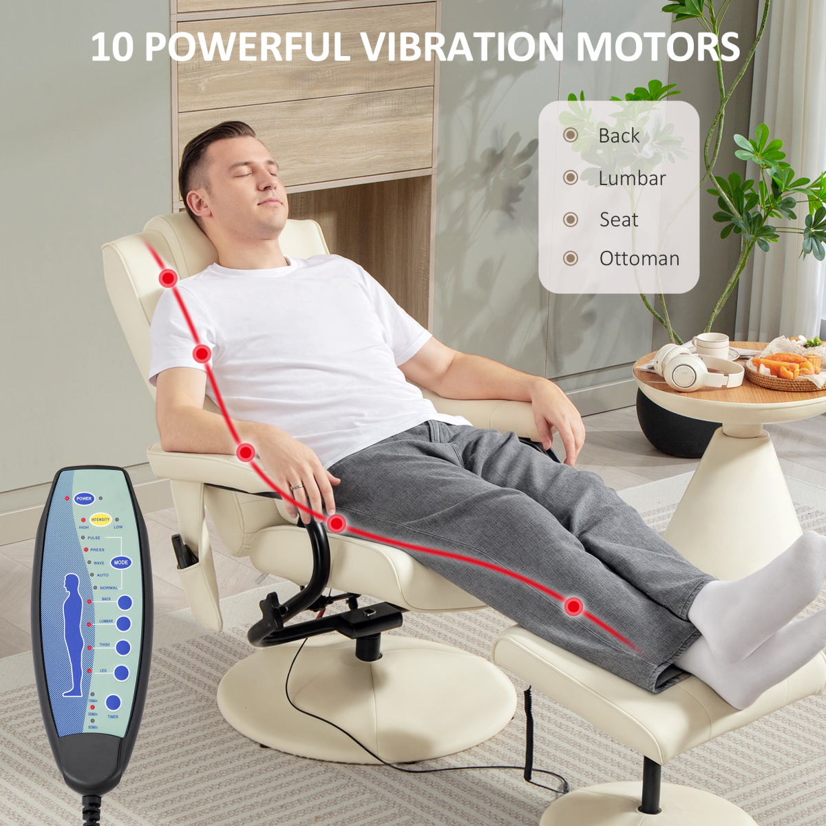 HOMCOM Massage Recliner Chair Cushioned Ottoman 10 Point Vibration Cream