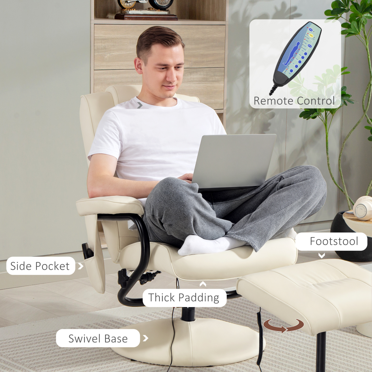 HOMCOM Massage Recliner Chair Cushioned Ottoman 10 Point Vibration Cream