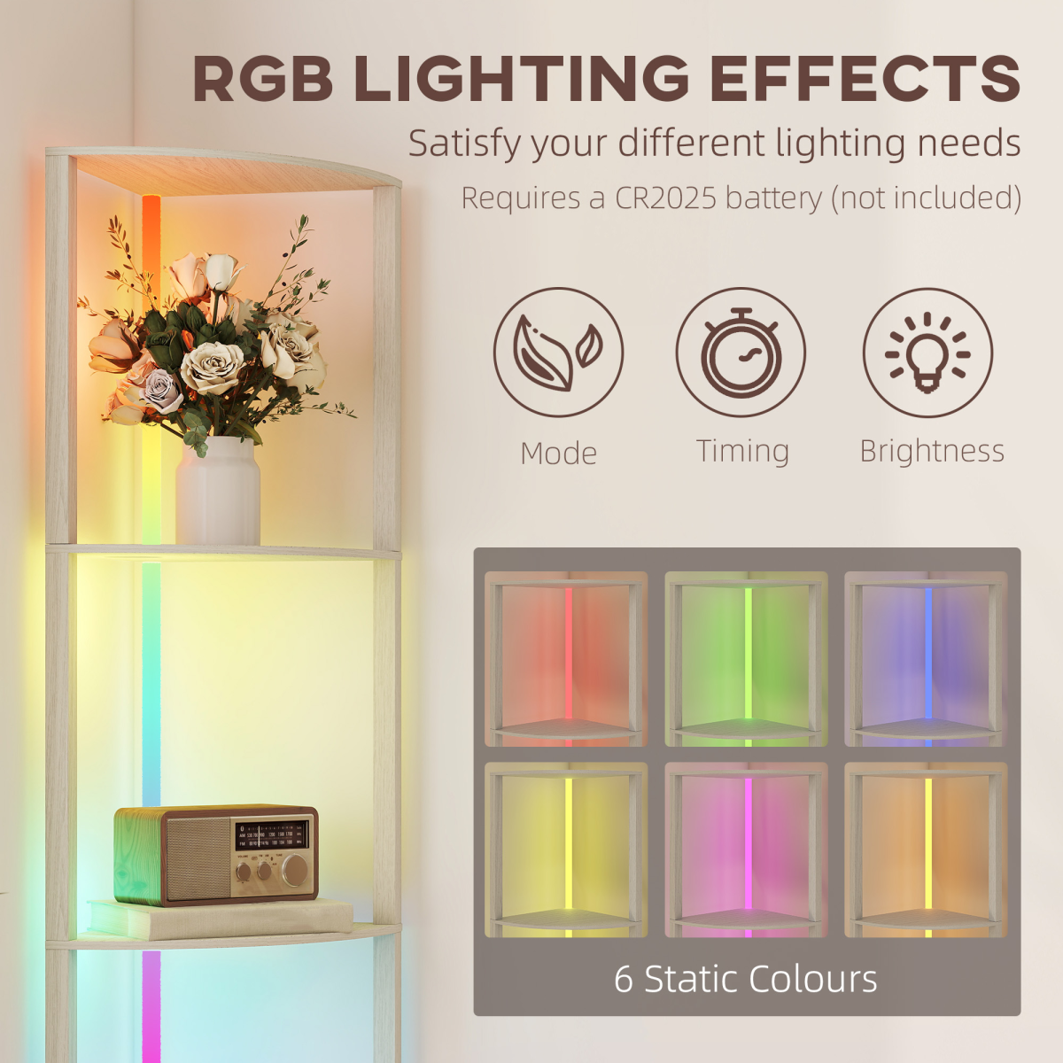 HOMCOM RGB LED Floor Lamp with Shelves and Remote Control for Living Room