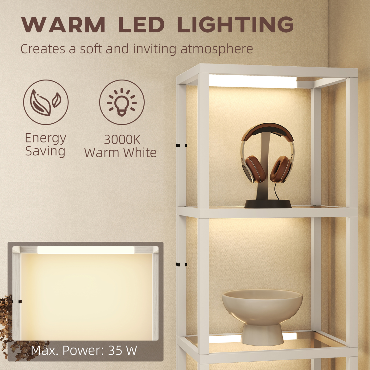 HOMCOM LED Floor Lamp with Glass Shelves, Dimmable Room Lamp