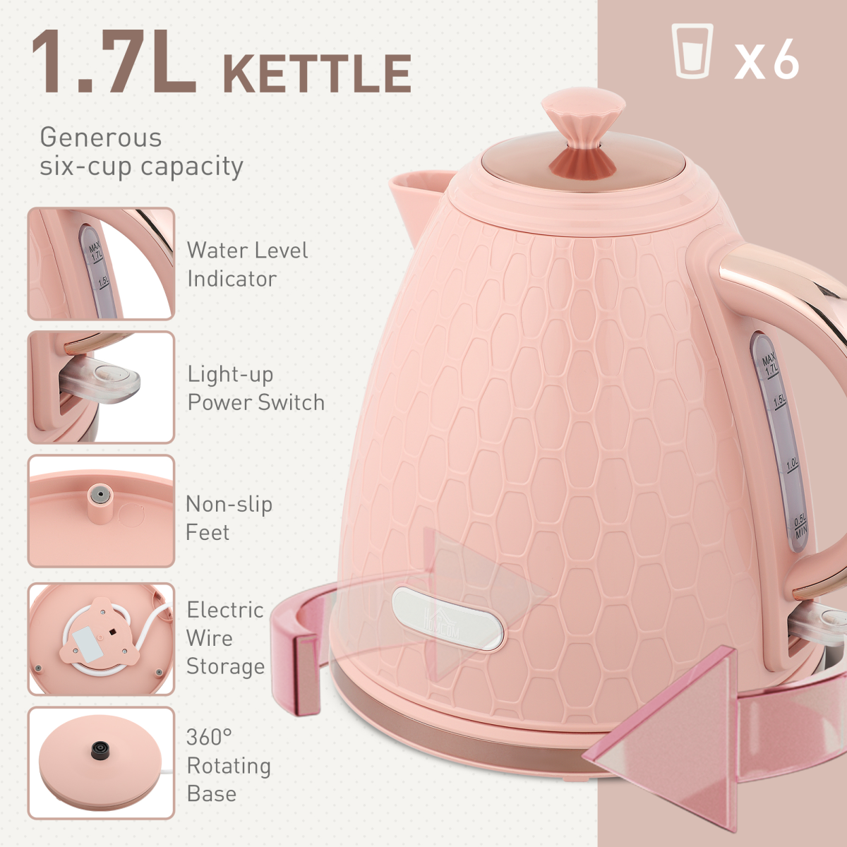 HOMCOM 1.7L Kettle and Toaster Set with Defrost Reheat and Crumb Tray