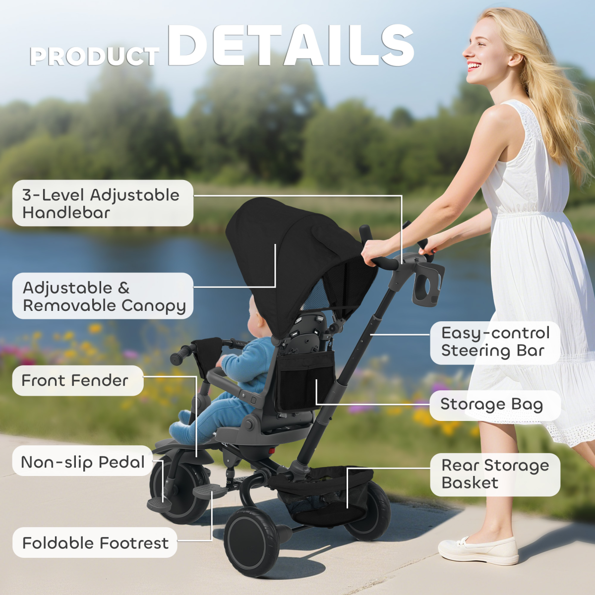 AIYAPLAY 6 in 1 Kids Trike, Toddler Tricycle with Parent Handle
