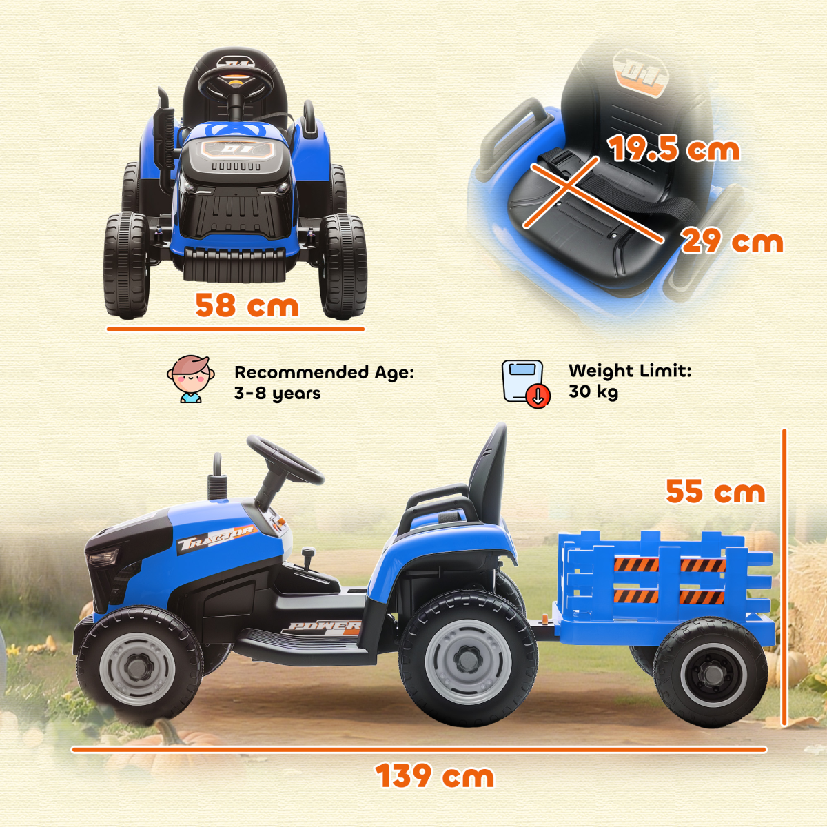 AIYAPLAY Ride on Tractor and Trailer, 12V Electric Ride on Tractor