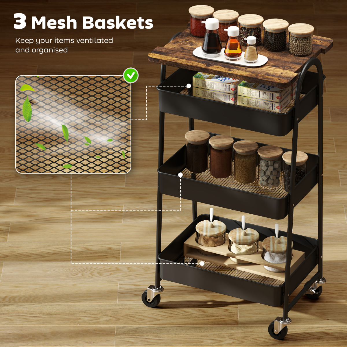 HOMCOM Rolling Utility Cart with Mesh Baskets for Kitchen