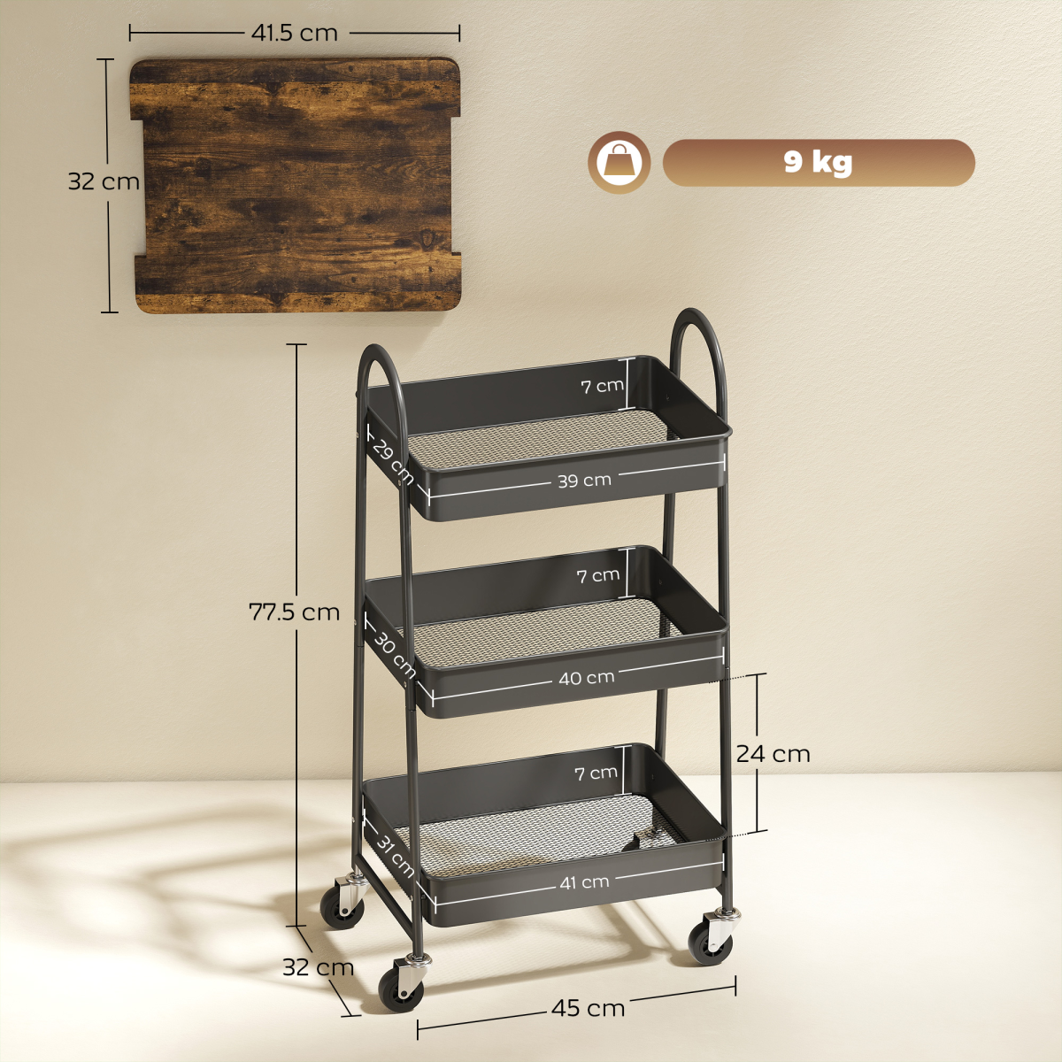 HOMCOM Rolling Utility Cart with Mesh Baskets for Kitchen