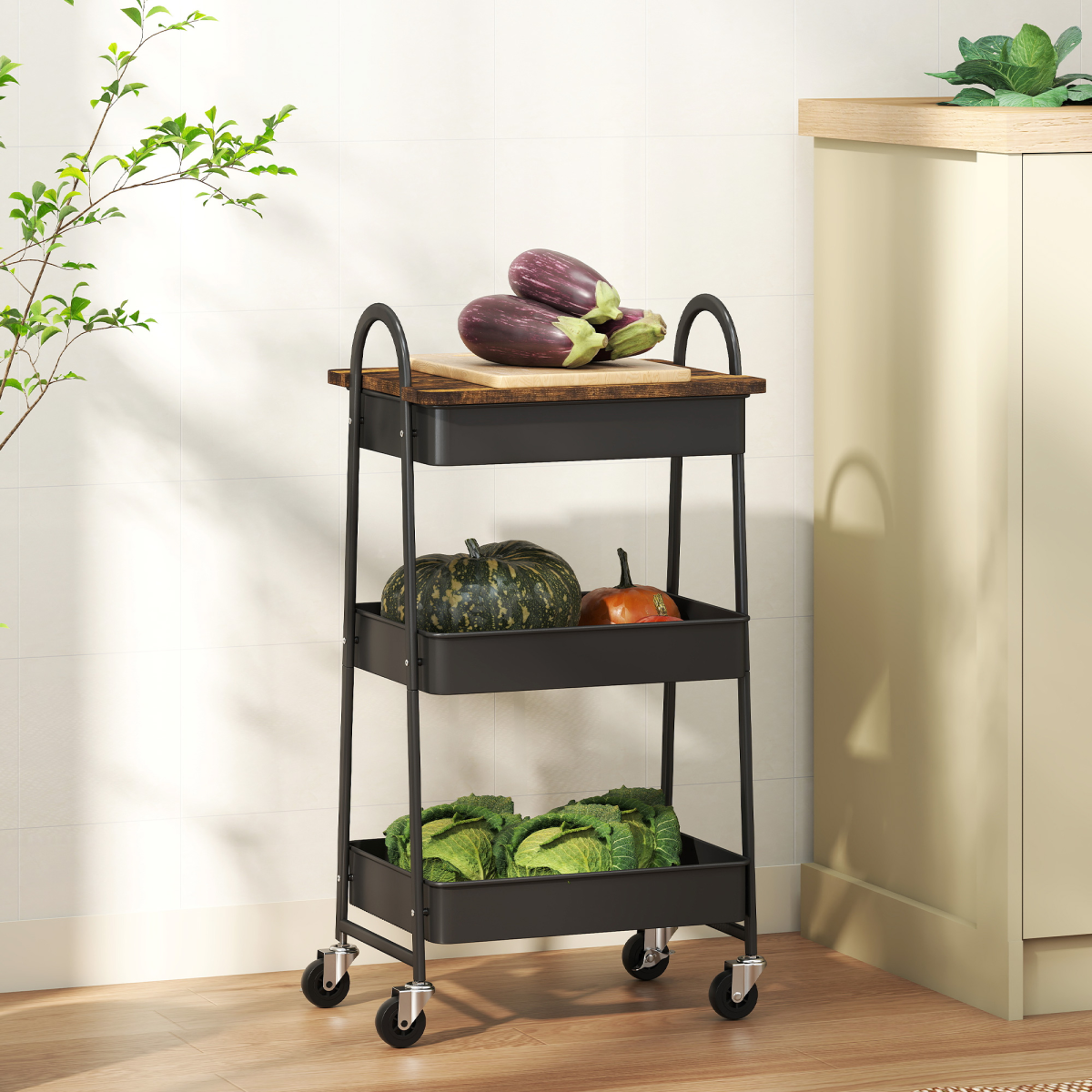 HOMCOM Rolling Utility Cart with Mesh Baskets for Kitchen