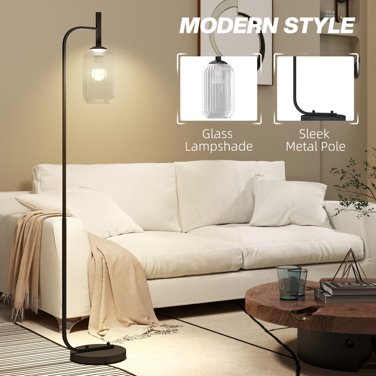 HOMCOM Modern Floor Lamp with Glass Lampshade, Foot Switch for Living Room