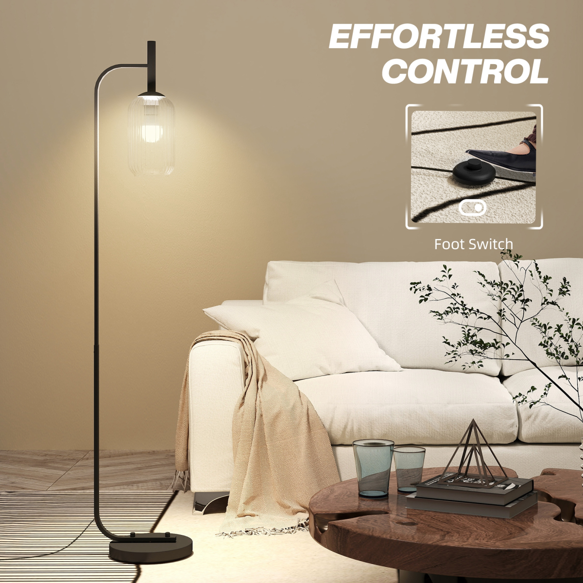 HOMCOM Modern Floor Lamp with Glass Lampshade, Foot Switch for Living Room