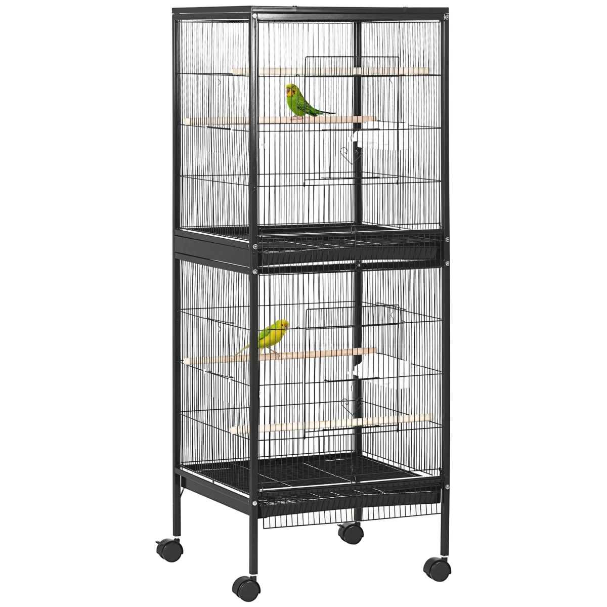 PawHut 2 In 1 Large Bird Cage Aviary with Wheels, Slide-out Trays Wood Perches