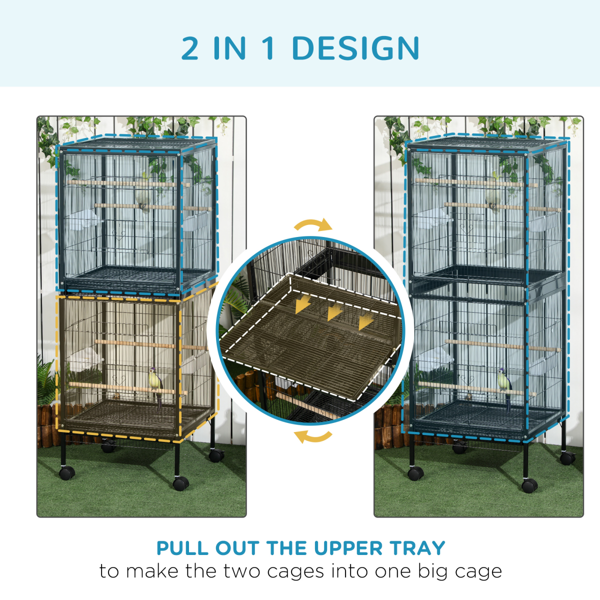 PawHut 2 In 1 Large Bird Cage Aviary with Wheels, Slide-out Trays Wood Perches