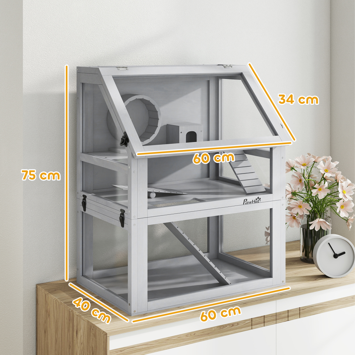 PawHut Wooden Hamster Cage w/ Detachable Bottom, Hut, Seesaw