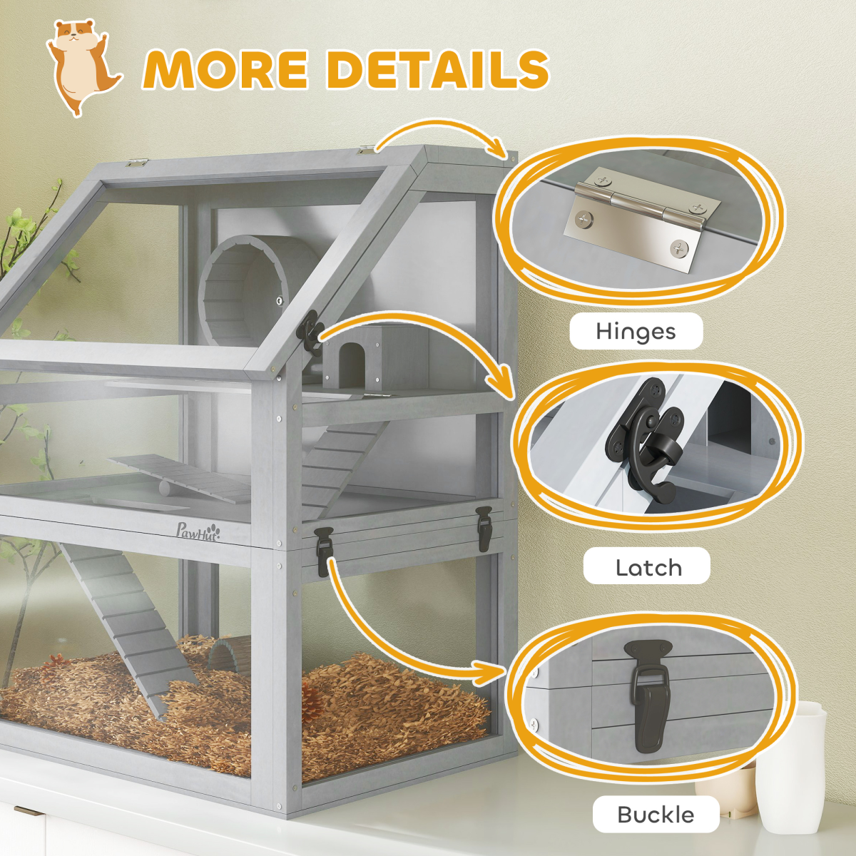 PawHut Wooden Hamster Cage w/ Detachable Bottom, Hut, Seesaw