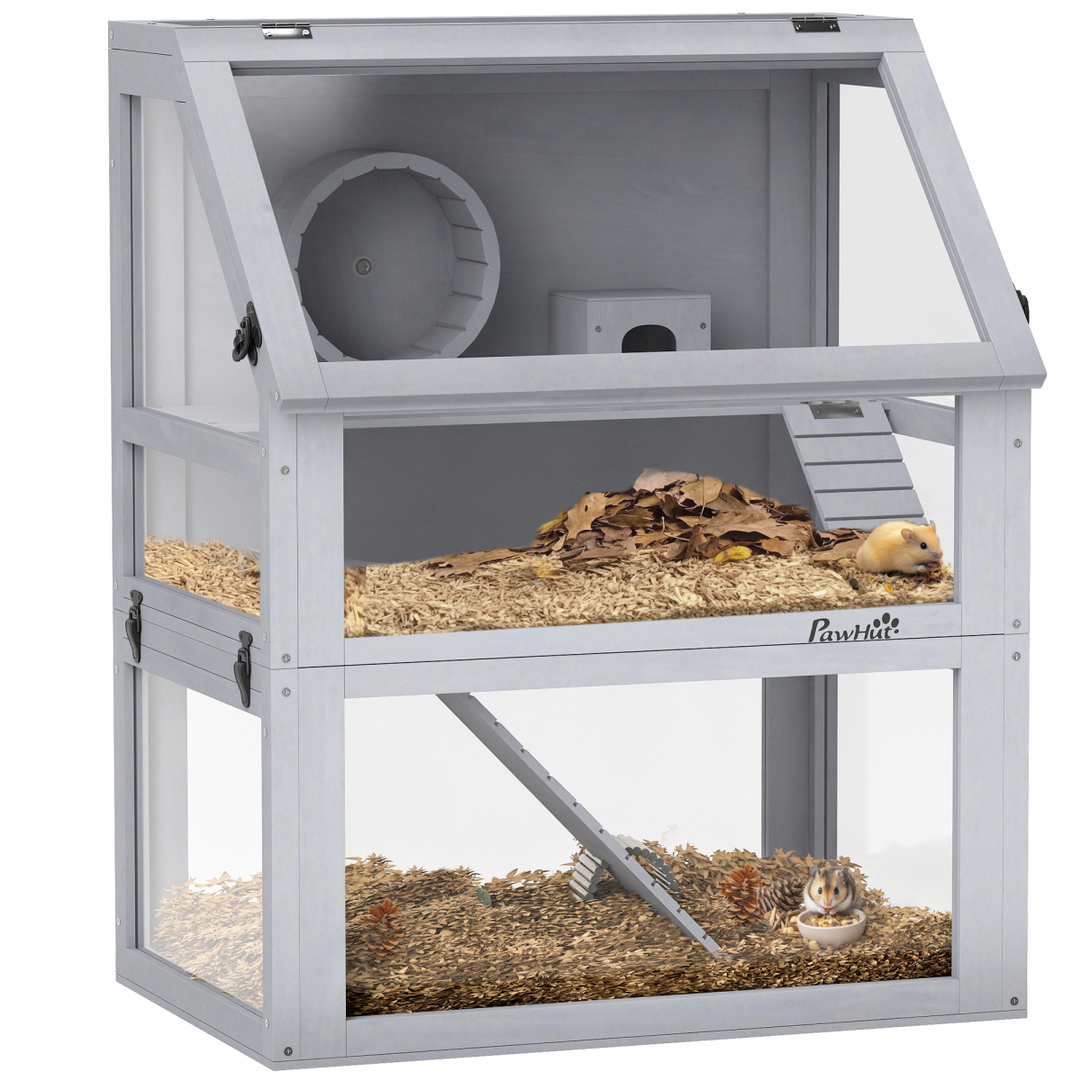 PawHut Wooden Hamster Cage w/ Detachable Bottom, Hut, Seesaw