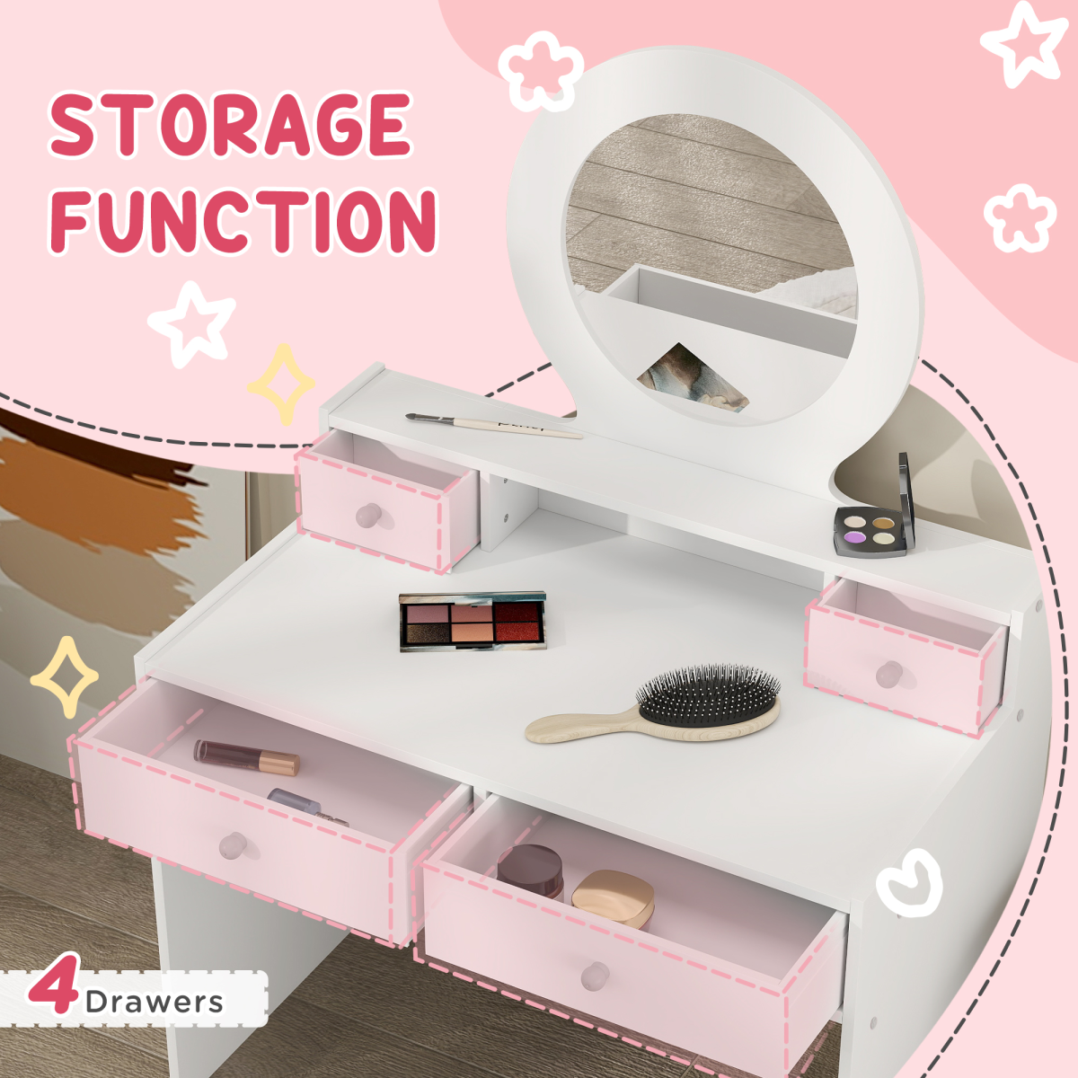 AIYAPLAY Kids Dressing Table Set w/ Stool, Mirror, Drawers