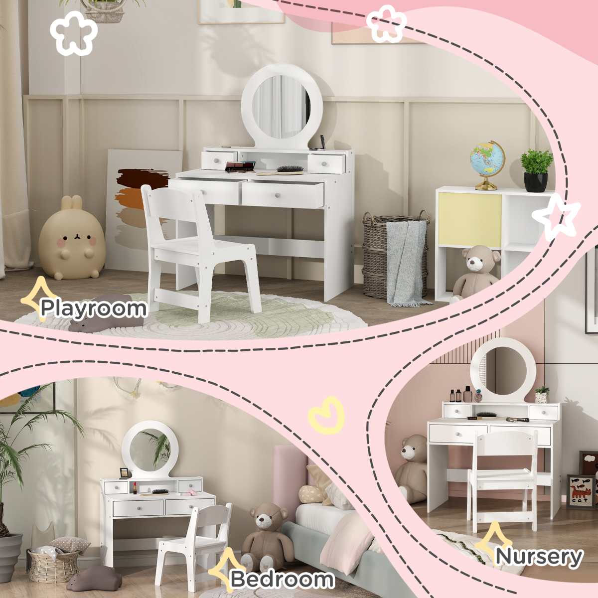AIYAPLAY Kids Dressing Table Set w/ Stool, Mirror, Drawers