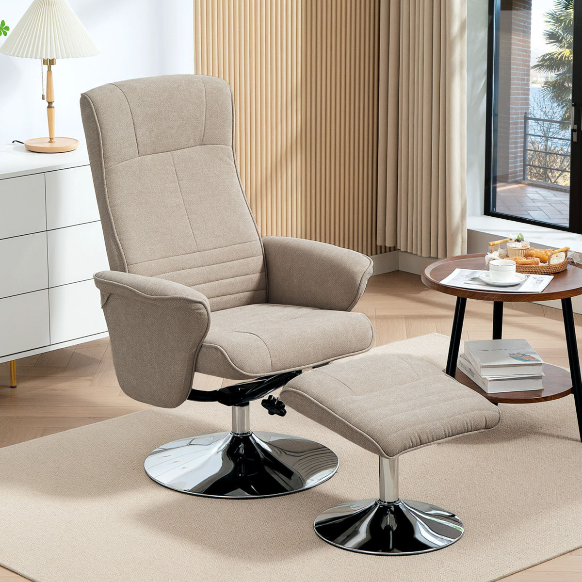 HOMCOM Upholstered Swivel Recliner Armchair with Ottoman