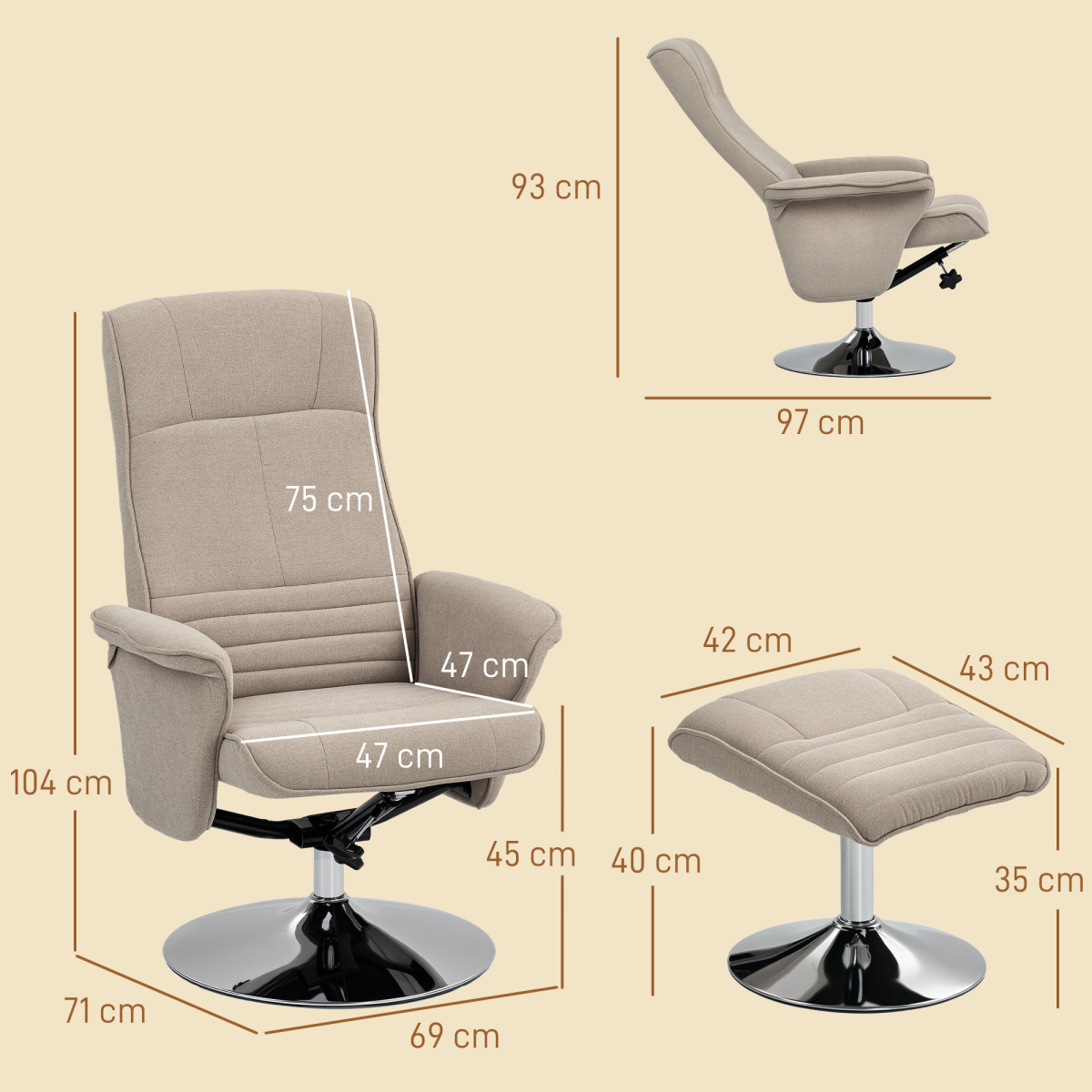 HOMCOM Upholstered Swivel Recliner Armchair with Ottoman