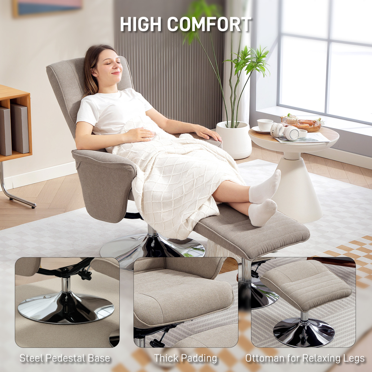 HOMCOM Upholstered Swivel Recliner Armchair with Ottoman