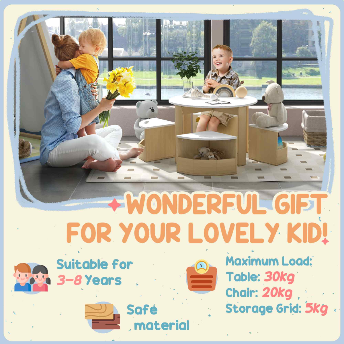 AIYAPLAY Kids Table and Chairs Set with Storage