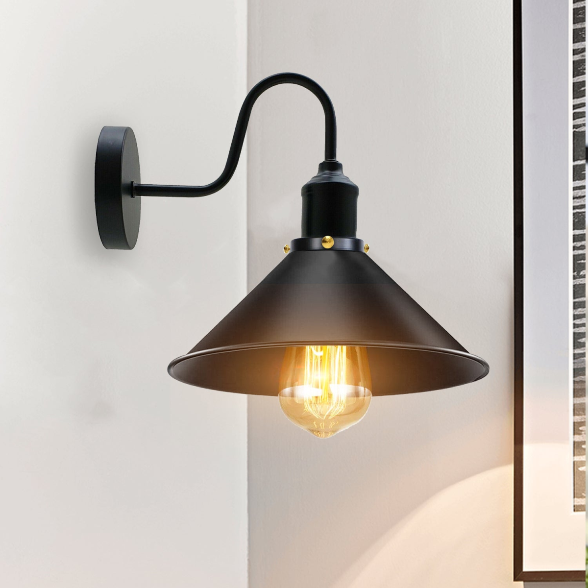 Vintage Industrial Swan Neck Wall Light Indoor Sconce Metal Cone Shape Shade~3391