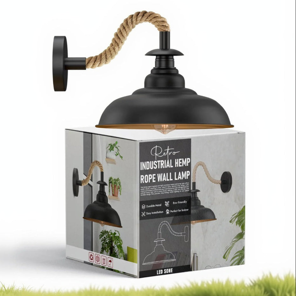 Black Hemp Rope Wall Sconce | 32cm Curvy Industrial Shade E27 ~6510