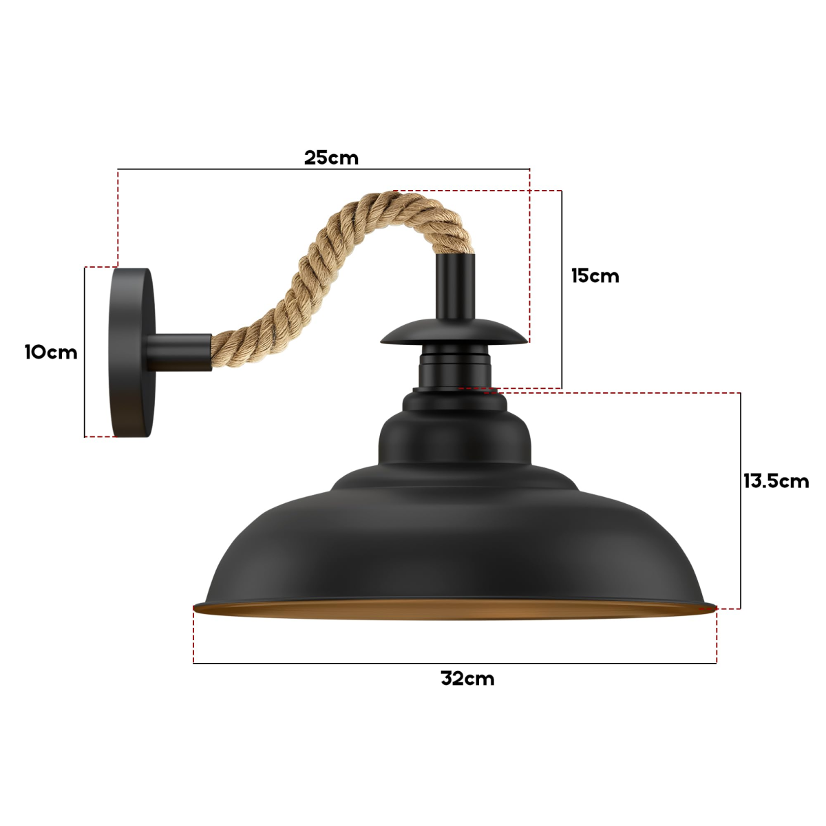 Black Hemp Rope Wall Sconce | 32cm Curvy Industrial Shade E27 ~6510