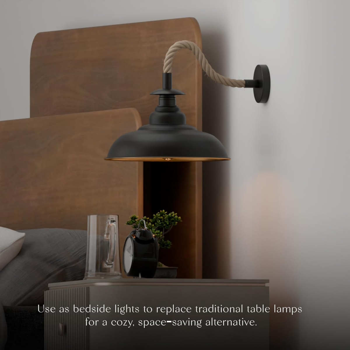 Black Hemp Rope Wall Sconce | 32cm Curvy Industrial Shade E27 ~6510