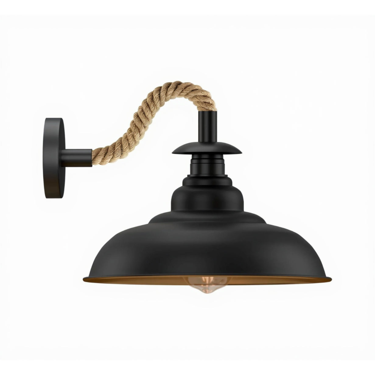 Black Hemp Rope Wall Sconce | 32cm Curvy Industrial Shade E27 ~6510